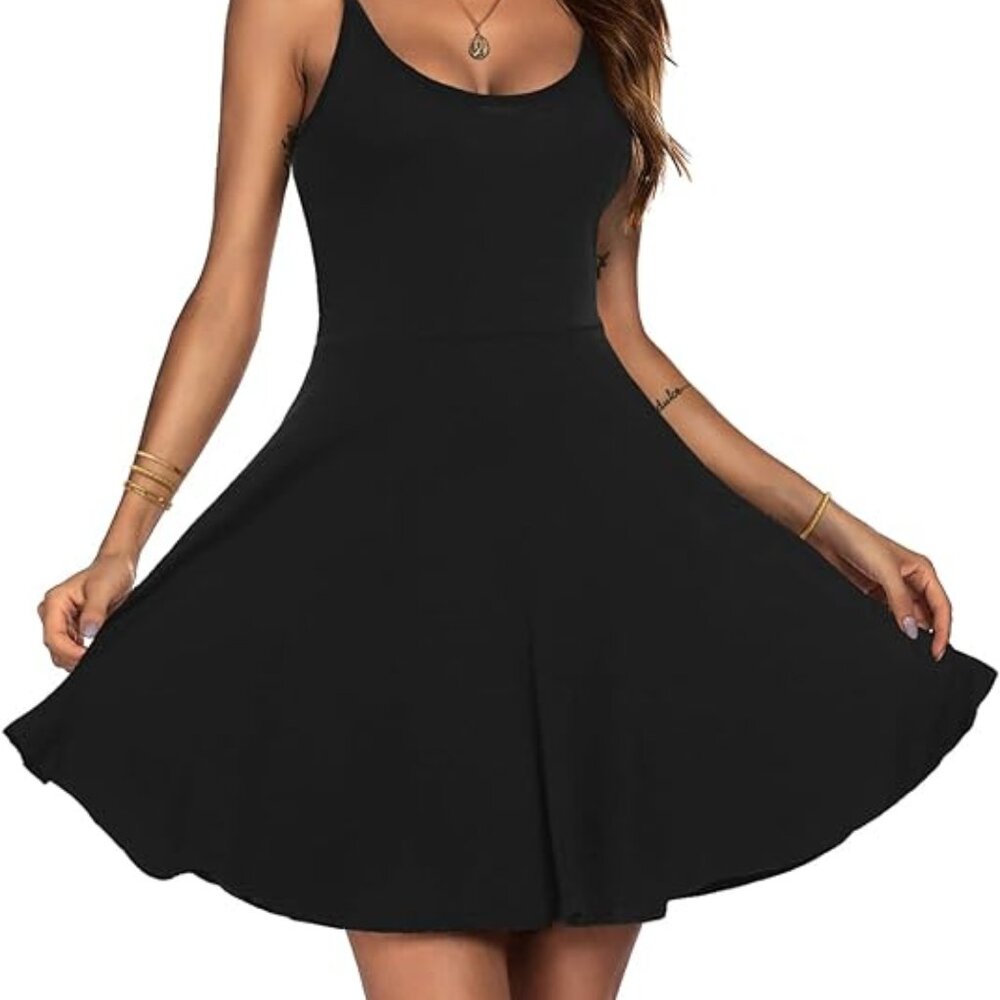 NEW NWT Women's ACEVOG Spaghetti Strap Fit & Flare Skater Dress - Black - Large